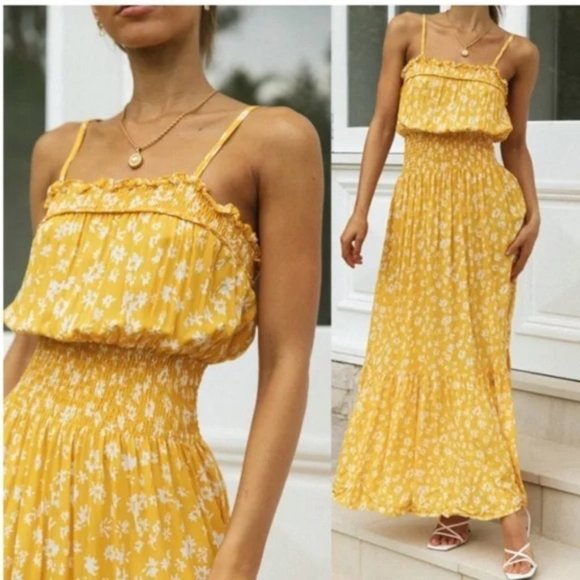 Floral floral smocked ruffle cami maxi dress YELLOW - Picture 7 of 8